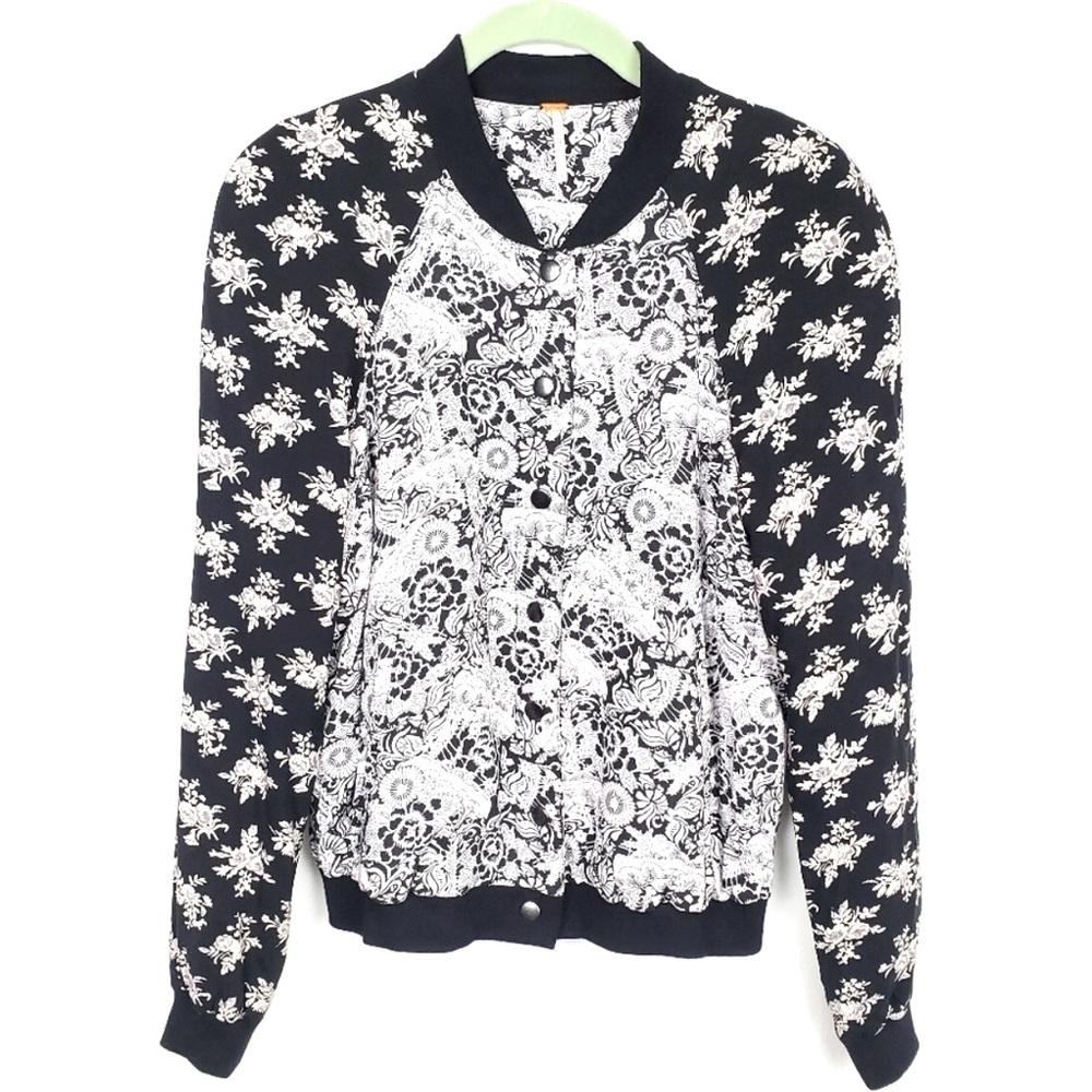 FREE PEOPLE Floral-Patterned Bomber Jacket,  Black & White, Small EUC
